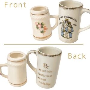 ESTATE VTG 2pc FLORAL LADY CONSOLATION PAIN RELIEF BEER MUG SHOT GLASS SOUVENIR